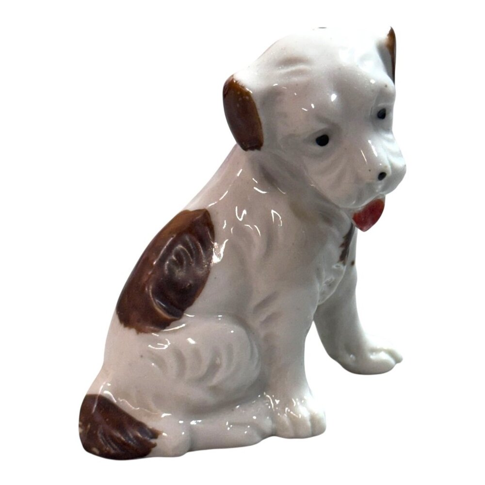 Vintage 1950s Japanese Ceramic Puppy Dog Figurine Brown Spots & Red Collar White